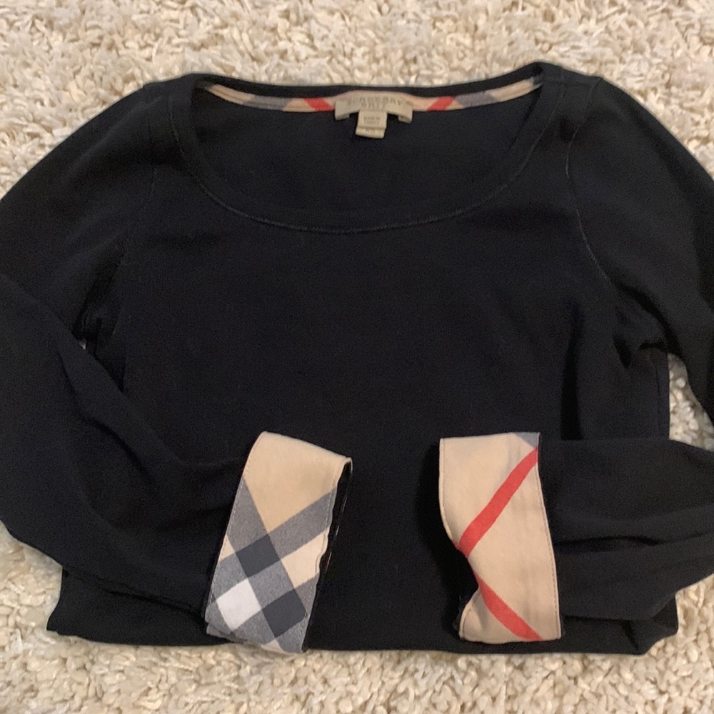 Burberry 3/4 Sleeve Black Top with Burberry Plaid on sleeves Size Xs